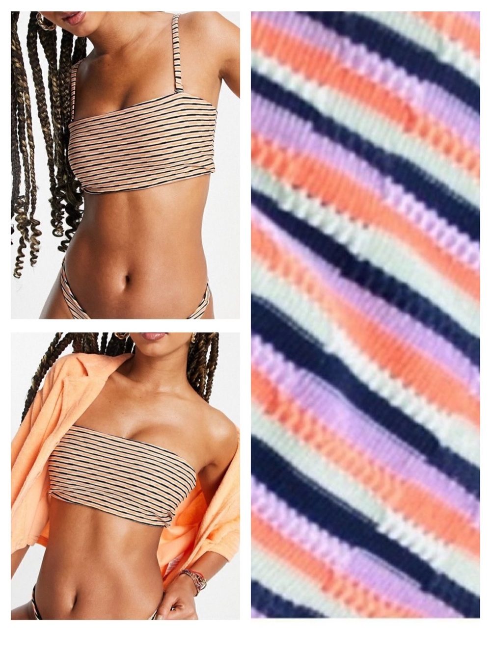 RVCA Cosmic Way Bandeau Bikini Top S Coral Black Stripe Removable Straps NWT